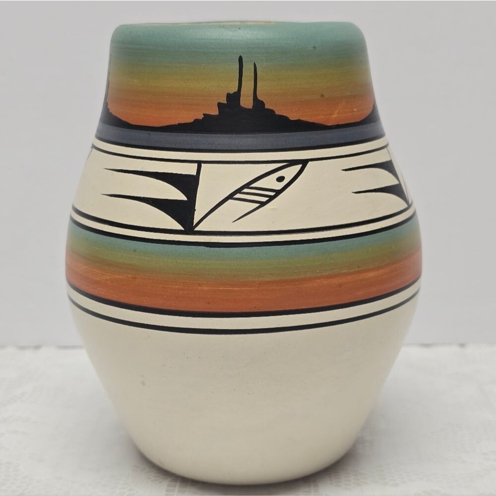 Native American Hand Painted Pottery Vase Signed By Wallace T. Navajo Folk Art